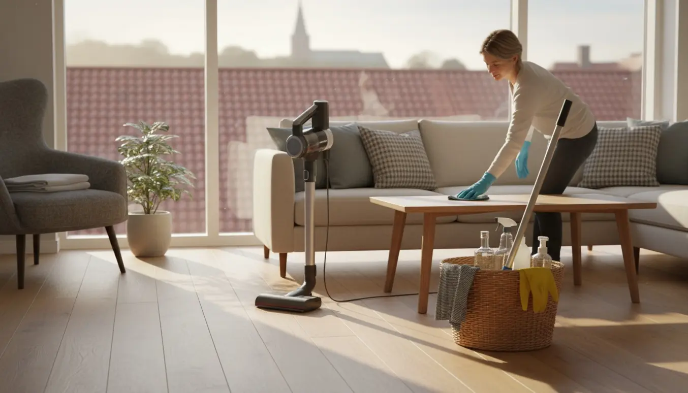 Rengøringsperson set bagfra pudser et stuebord i en lys skandinavisk bolig med rengøringskurv og udsigt til røde tegltage.