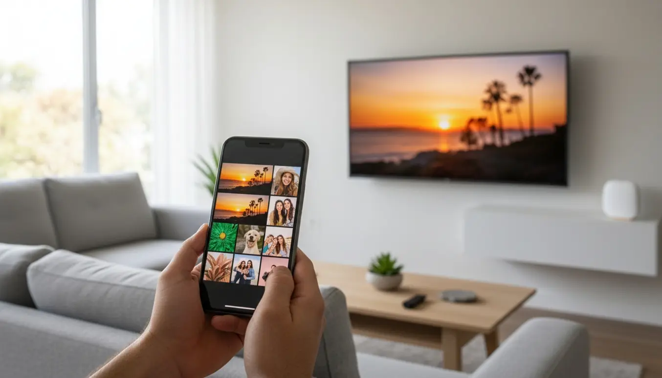 Hånd holder en iPhone, og samme foto vises trådløst på et stort tv i en lys stue.