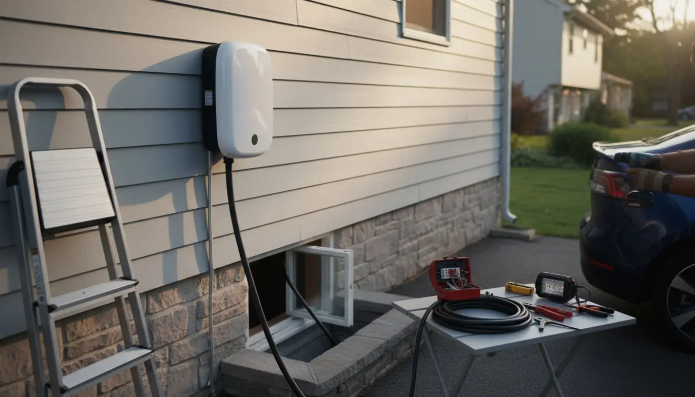 Installering af en vægmonteret elbiloplader med kabel ført ned mod kælderen, uden synlige ansigter.