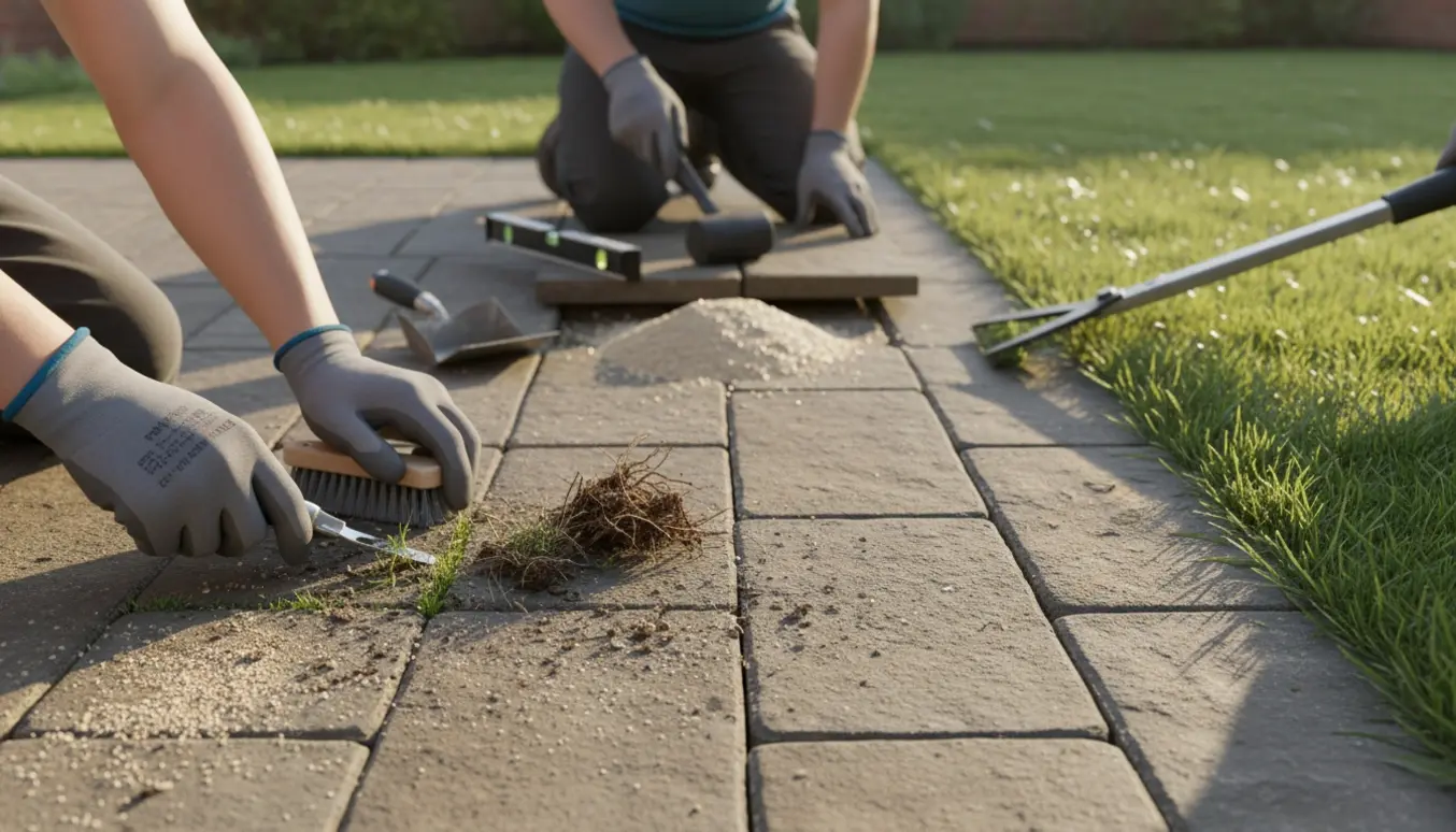 Nærbillede af en fliseterrasse hvor ukrudt fjernes mellem fliser, en flise rettes op med gummihammer og græskanter beskæres.