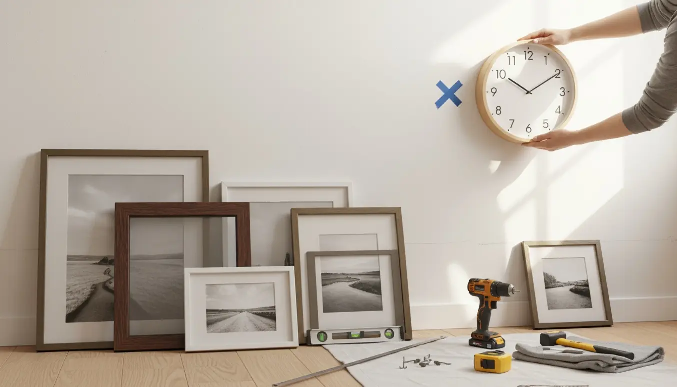 Hænder hænger et vægur og arrangerer billedrammer på en væg i et lyst rum.