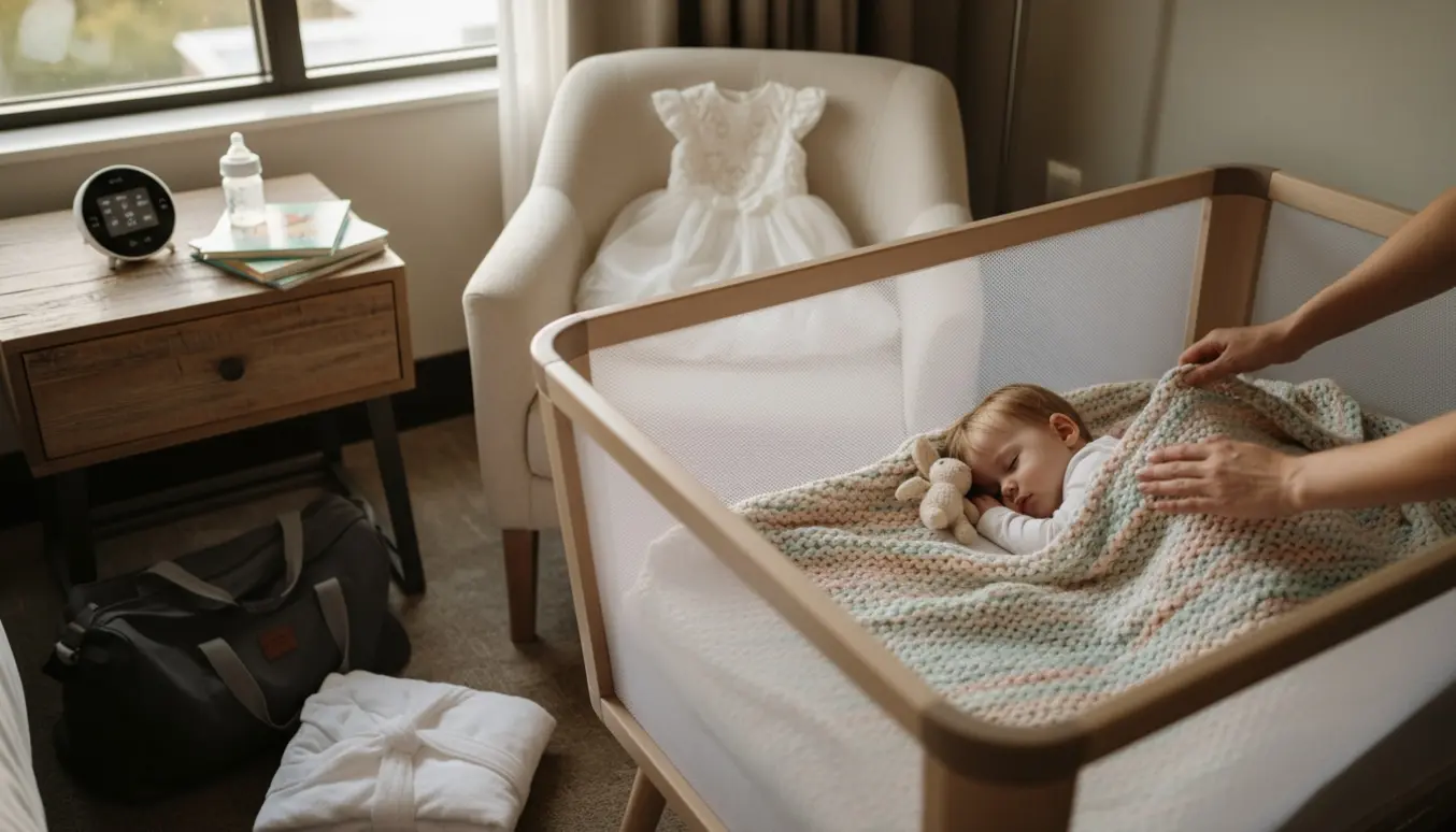 En babysitter putter en lille baby i en hyggeligt opredt hotelværelse med sutteklud og babyalarm.