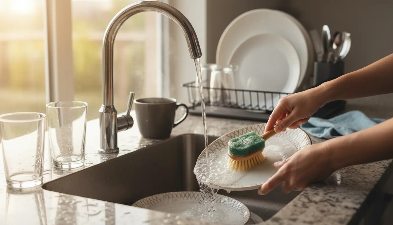 Hænder vasker tallerkener i et soloplyst køkkenvask med sæbebobler og et opvaskestativ.