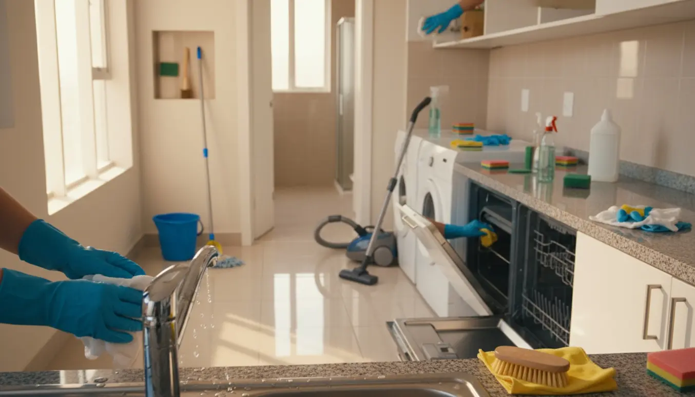 Dybdegående slutrengøring ved flytning med handsker, støvsuger, moppe og åbne hvidevarer på flisegulv.