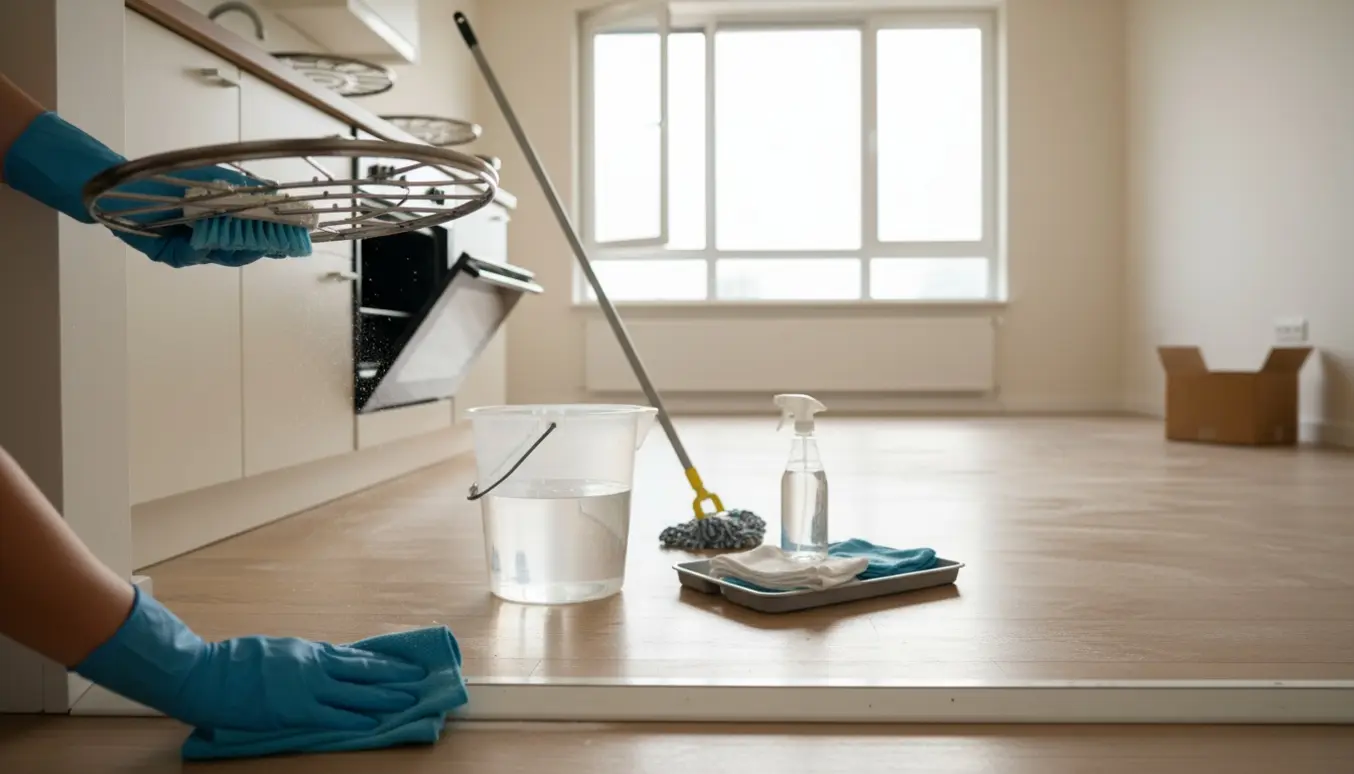 Hænder i handsker aftørrer en gulvlist i en tom lejlighed med åben ovn og ovnplader på køkkenbordet.