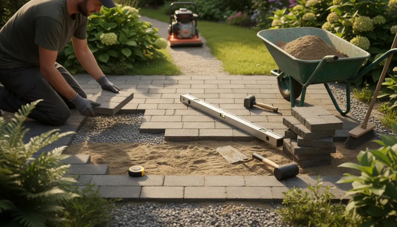 Hænder omlægger terrassestene med vaterpas og en bunke nye fliser klar i baggrunden.