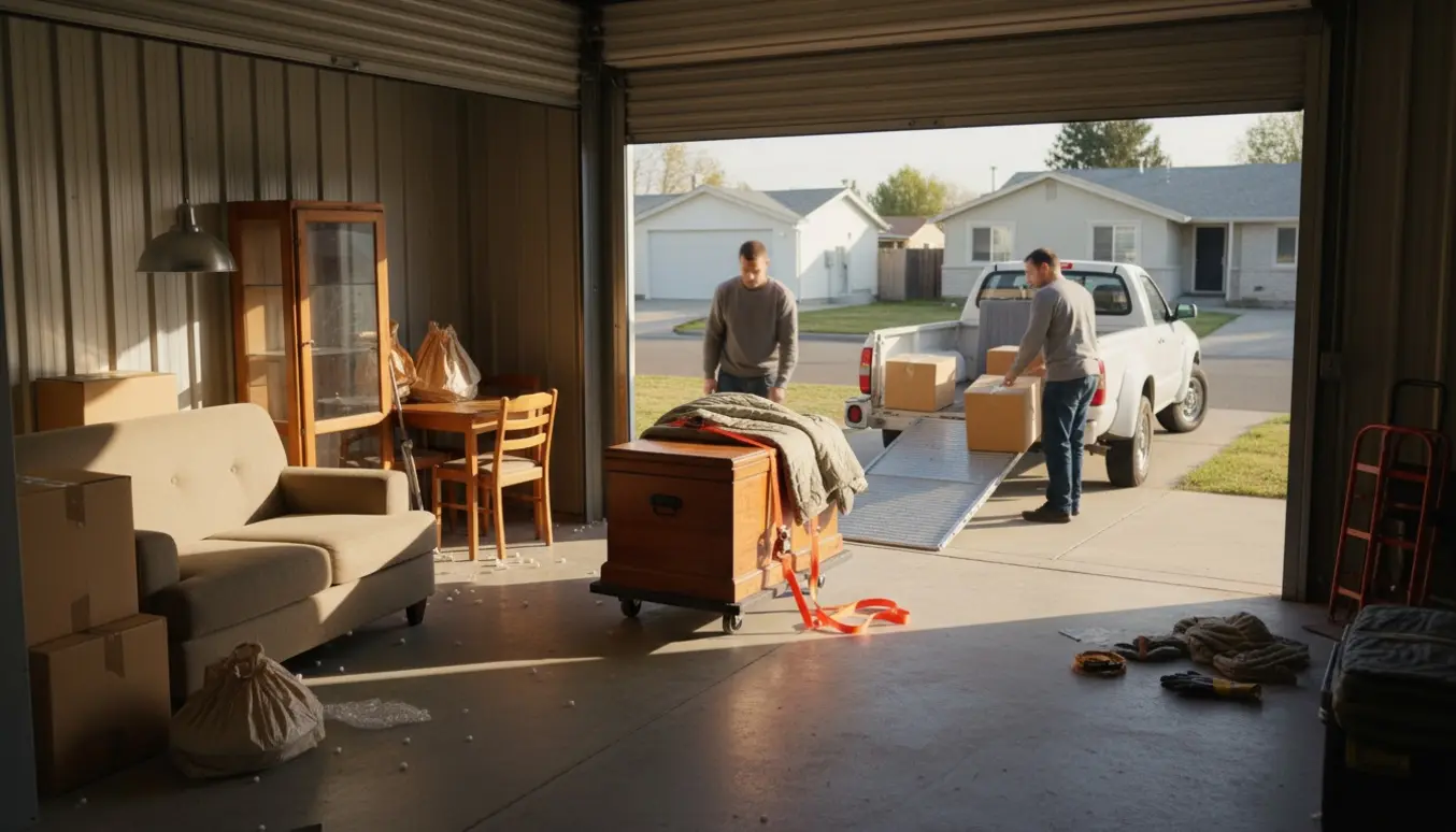 To mænd læsser møbler og flyttekasser fra et lille opmagasineringsrum ud på en ladbil med trailer, ansigter ikke tydelige.