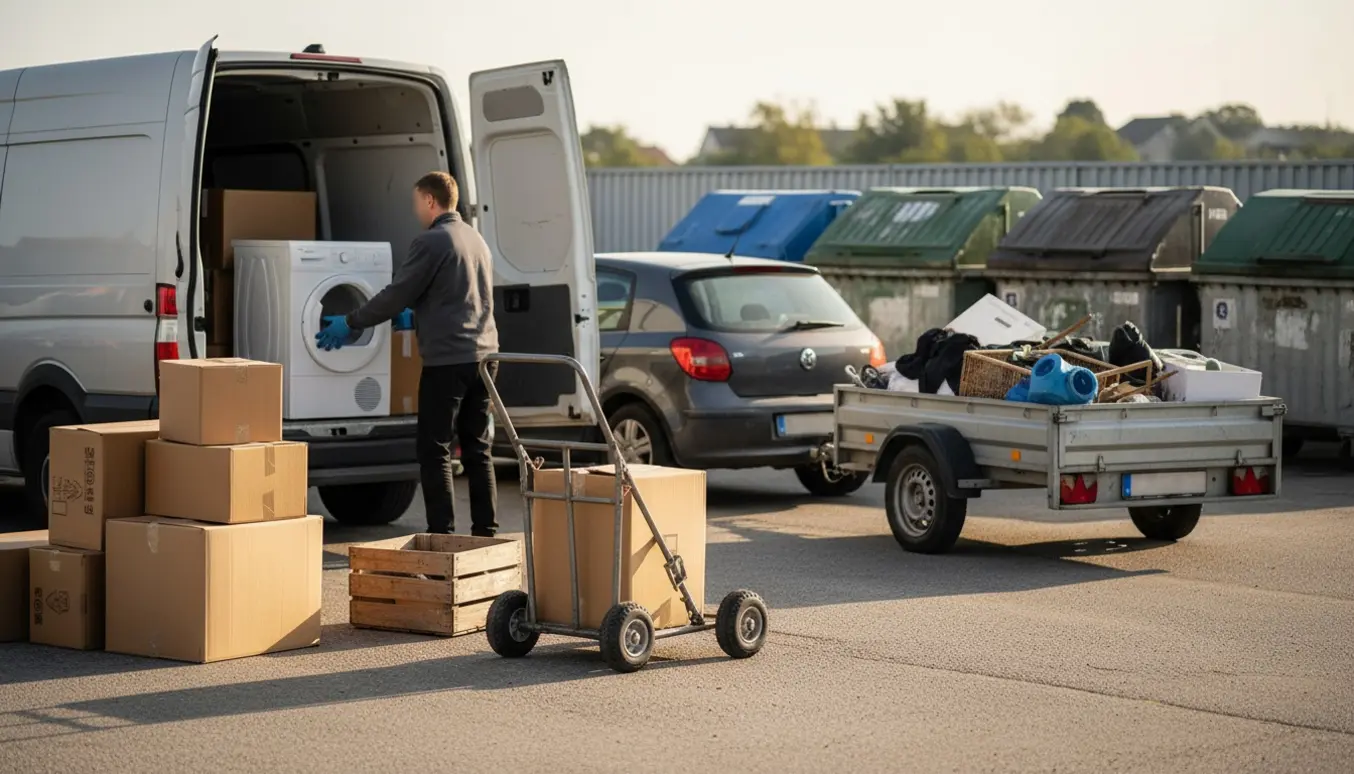 Åben varevogn med tørretumbler og flyttekasser ved en genbrugsplads.