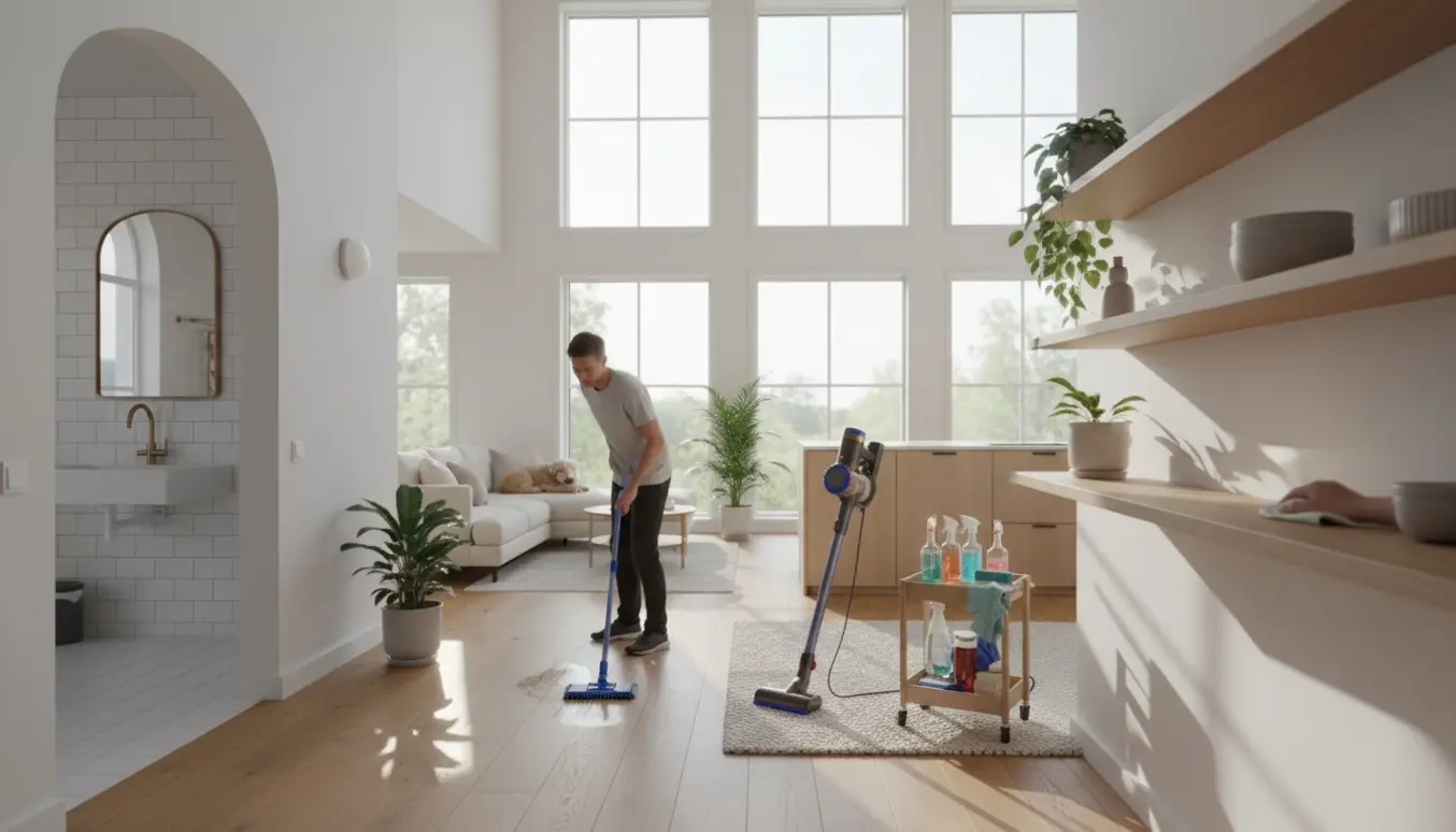 Lys, skandinavisk stue-køkken hvor en rengøringsperson mopper gulvet med støvsuger og rengøringsmidler fremme, mens en lille hund sidder i baggrunden.