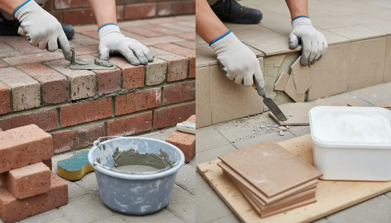 Renovering af fortrappe i mursten og bagtrappe med udskiftning af knækkede fliser, håndværkerens hænder i fokus.