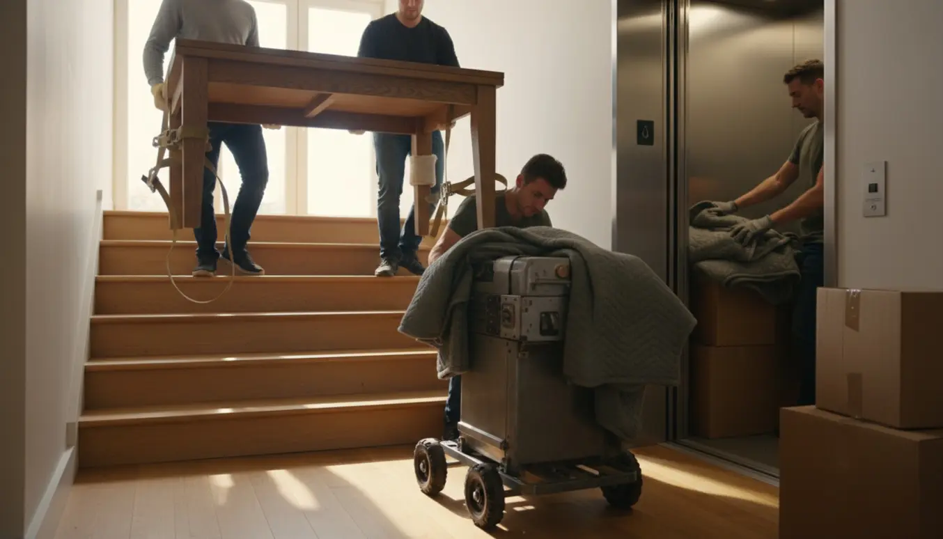 Flyttefolk bærer tunge borde og en maskine ned ad trappen mod en åben elevator, ansigter ikke tydelige.