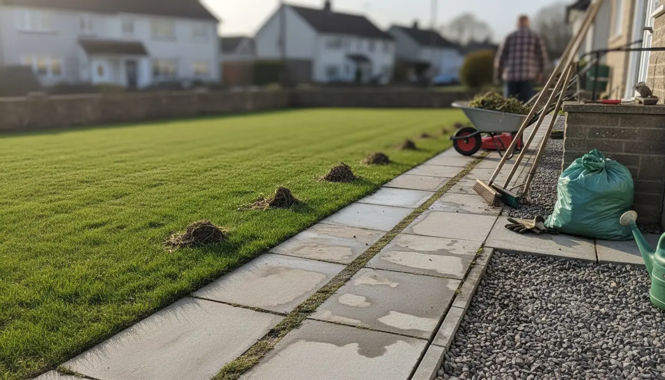 Nyklippet græs, rensede fliser og ukrudtsfri indkørsel ved et lille hus med haveredskaber i baggrunden.