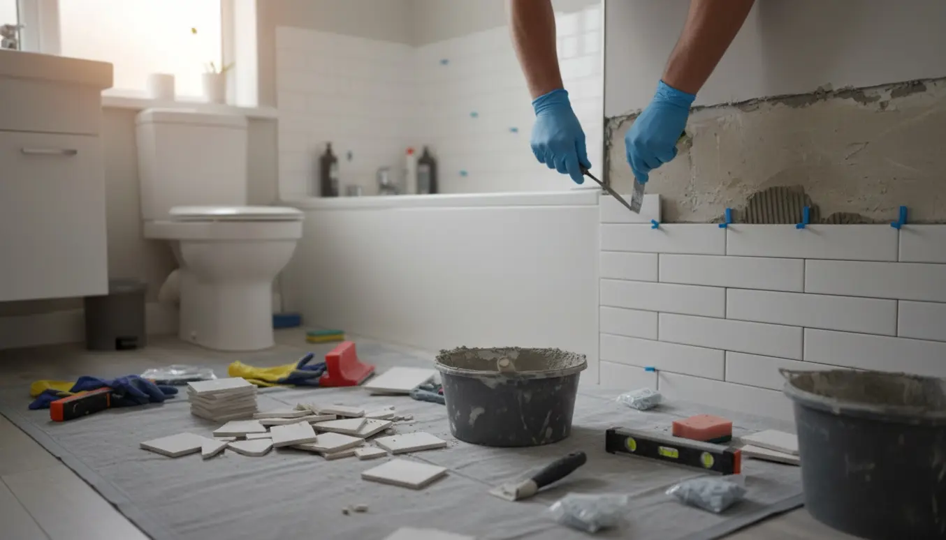 Hænder fjerner og genopsætter hvide badeværelsesfliser ved badekarret.