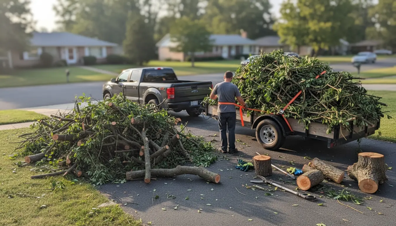 Trailer fyldt med beskårne trægrene på en indkørsel klar til afhentning.