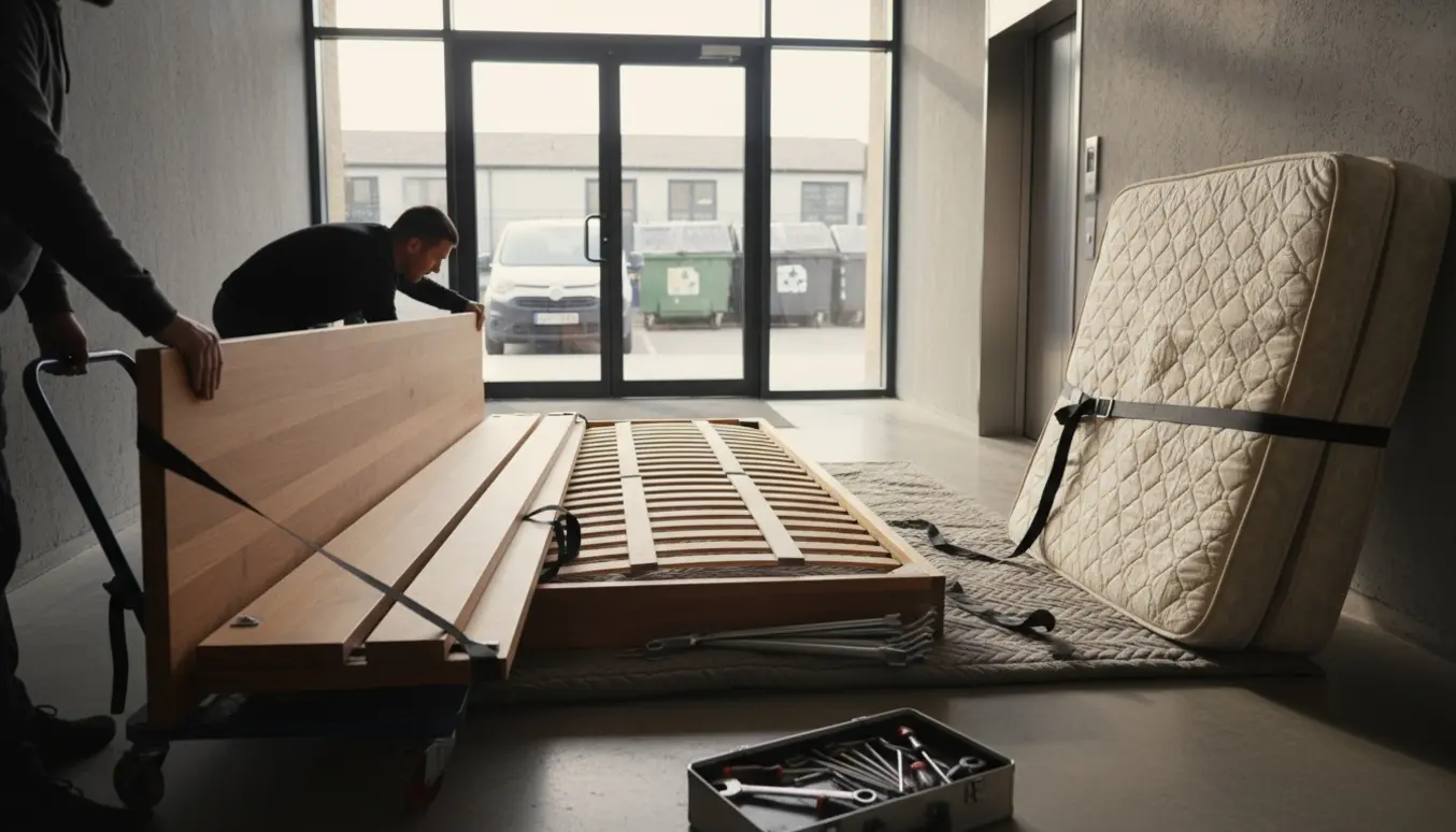 Afmonteret seng og madras klares til afhentning i opgang ved elevatoren, klar til genbrugsaflevering.