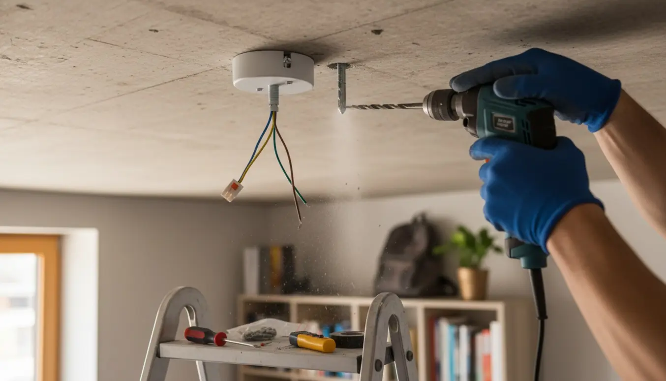 Hænder monterer en samlet IKEA-lampe i et betonloft med borestøv og el-værktøj.