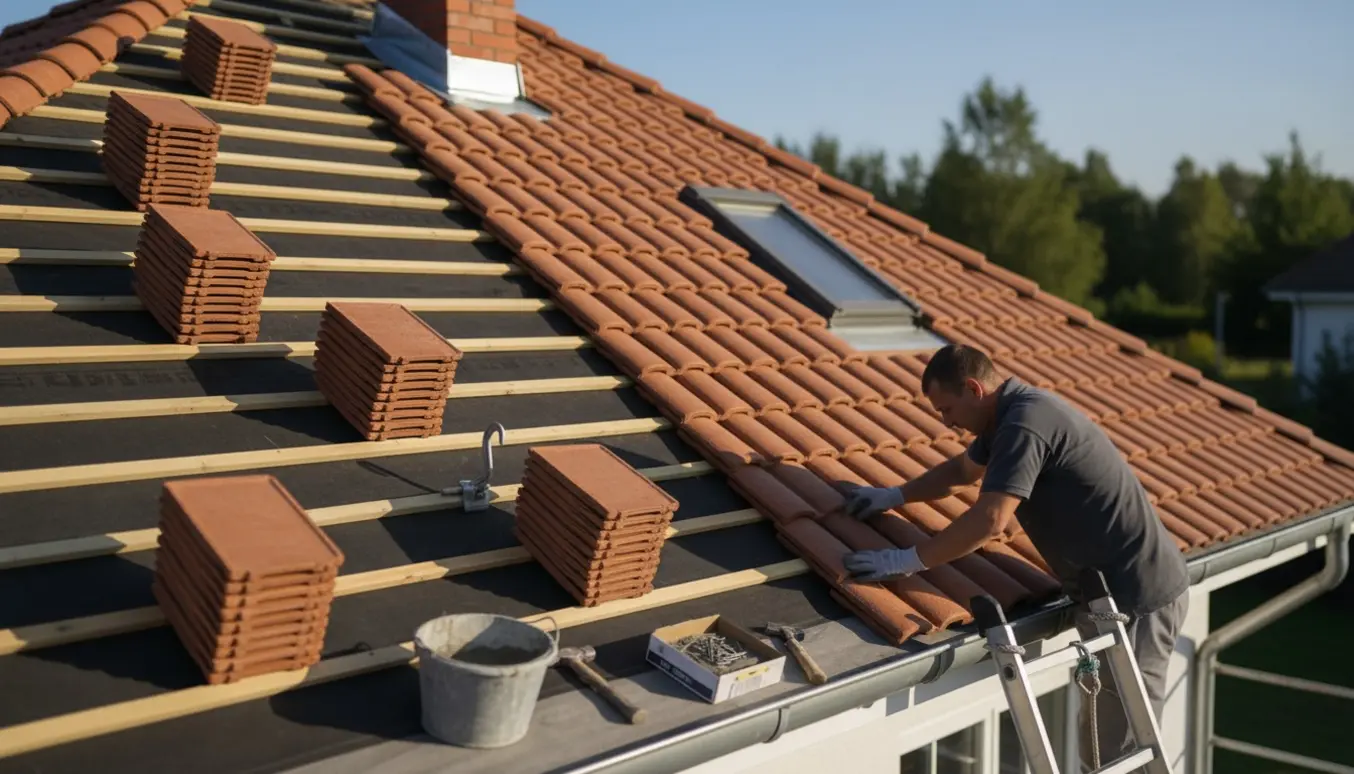 Halvt færdigt tag med stablede tagsten og handsker, der placerer nye tagsten på taget.