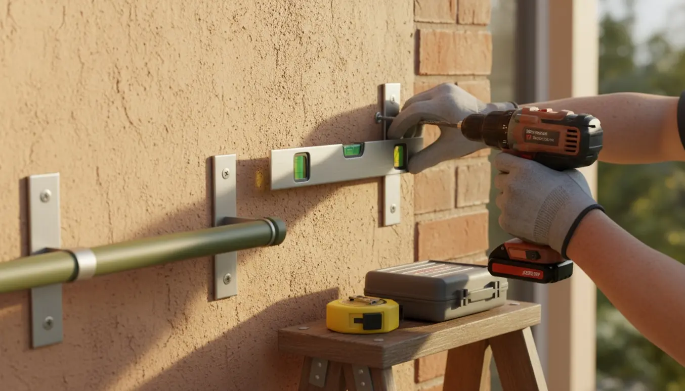 Hænder monterer to små flagholdere på en husfacade med boremaskine og vaterpas.