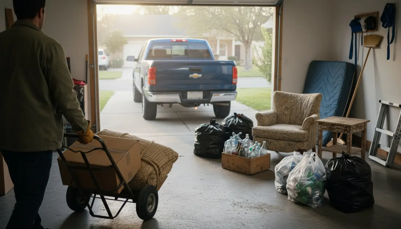 Fyldt garage med sække, møbler og poser klar til afhentning på genbrugspladsen.