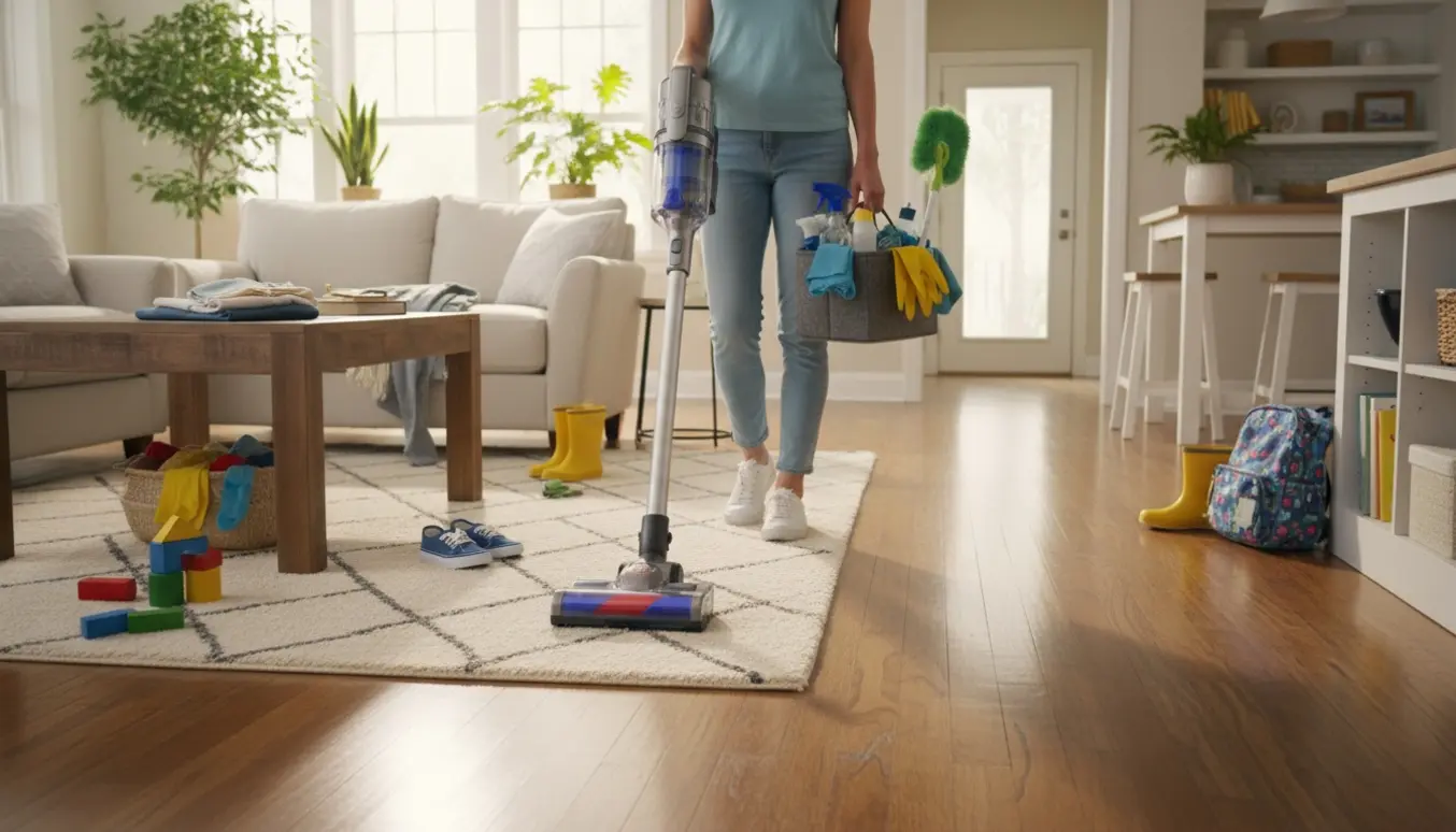 Lys og ryddelig familiestue under rengøring med støvsuger, rengøringskasse og børnelegetøj på gulvet.
