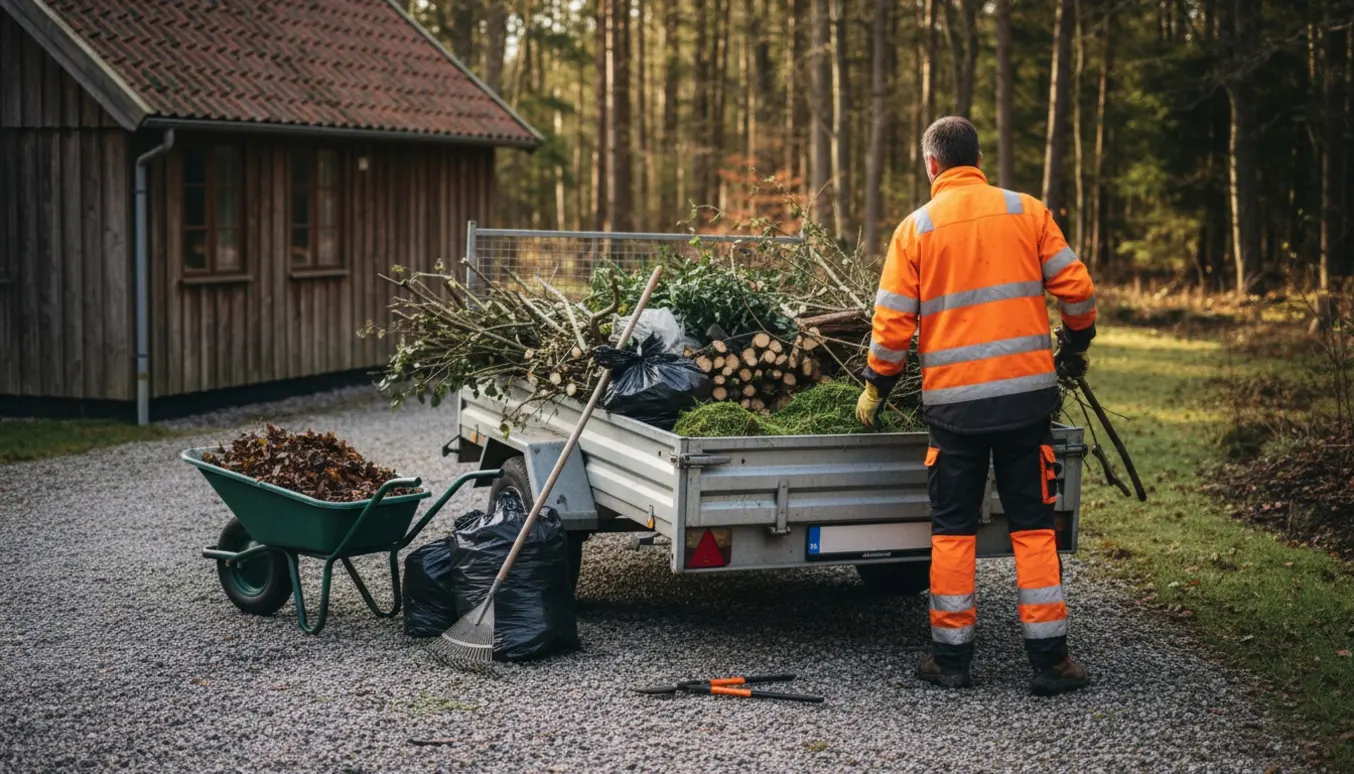 En person læsser haveaffald på en trailer ved skovkanten, klar til at køre til genbrugsstationen.
