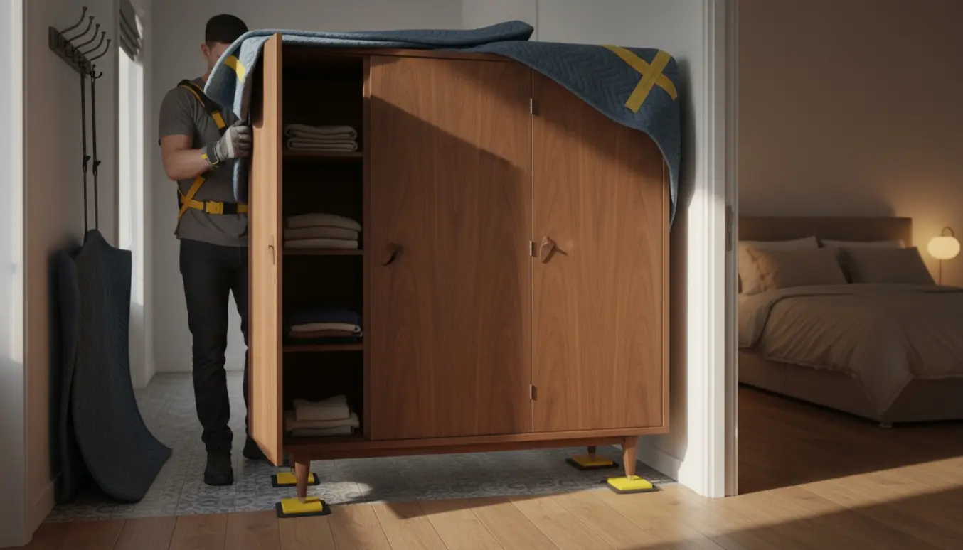 En person flytter et stort træklædeskab fra entreen ind i soveværelset med møbelslidere og flyttetæpper.