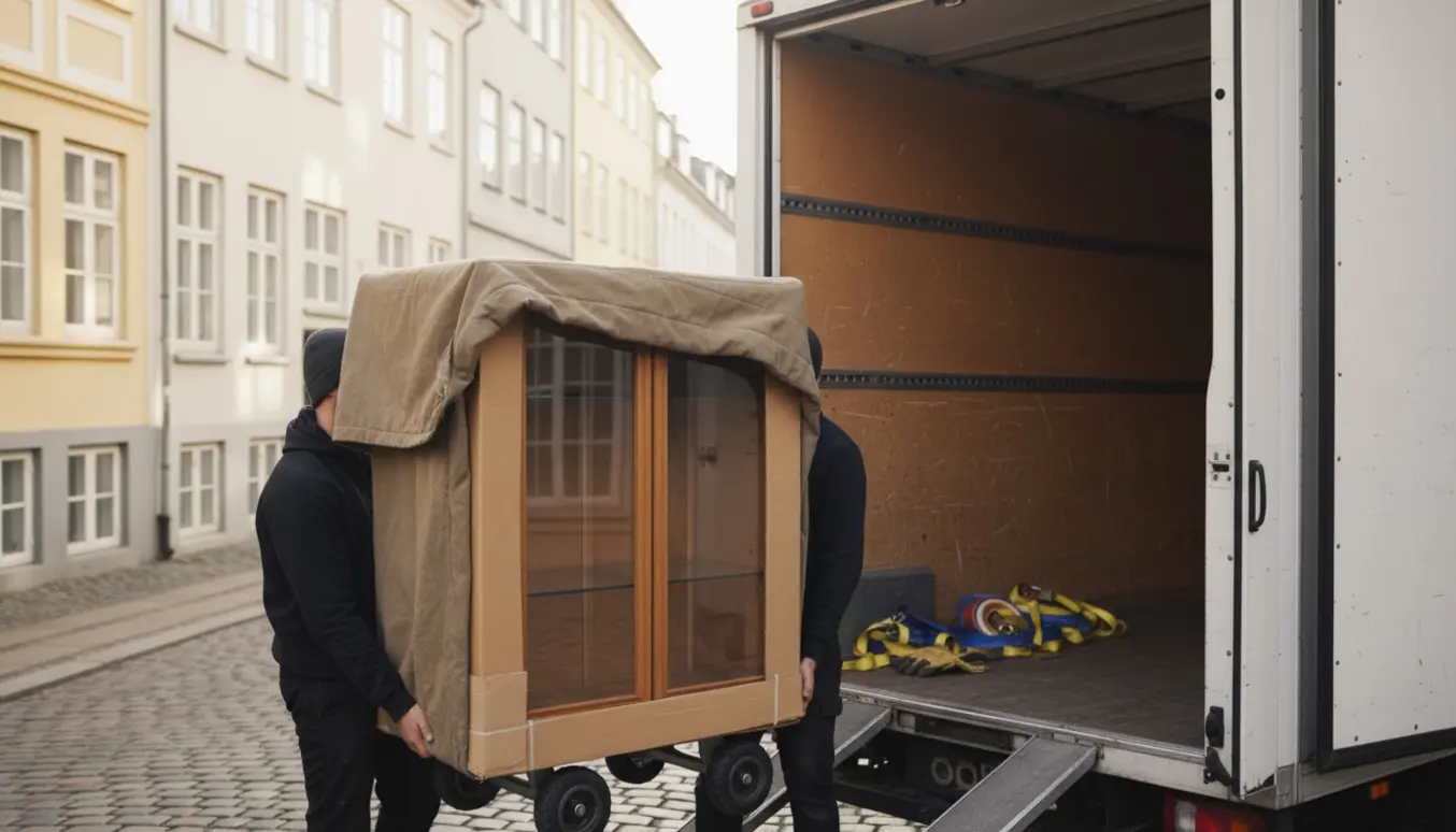 Et lille vitrineskab pakkes og læsseres ind i en flyttevan med tæpper og stropper.