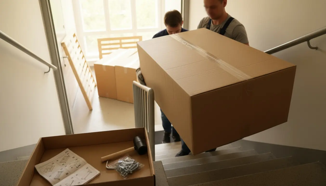 To personer løfter den sidste store fladpakke op ad en trappe til en lejlighed, mens åbne kasser, sengebunde og værktøj ligger klar indenfor.
