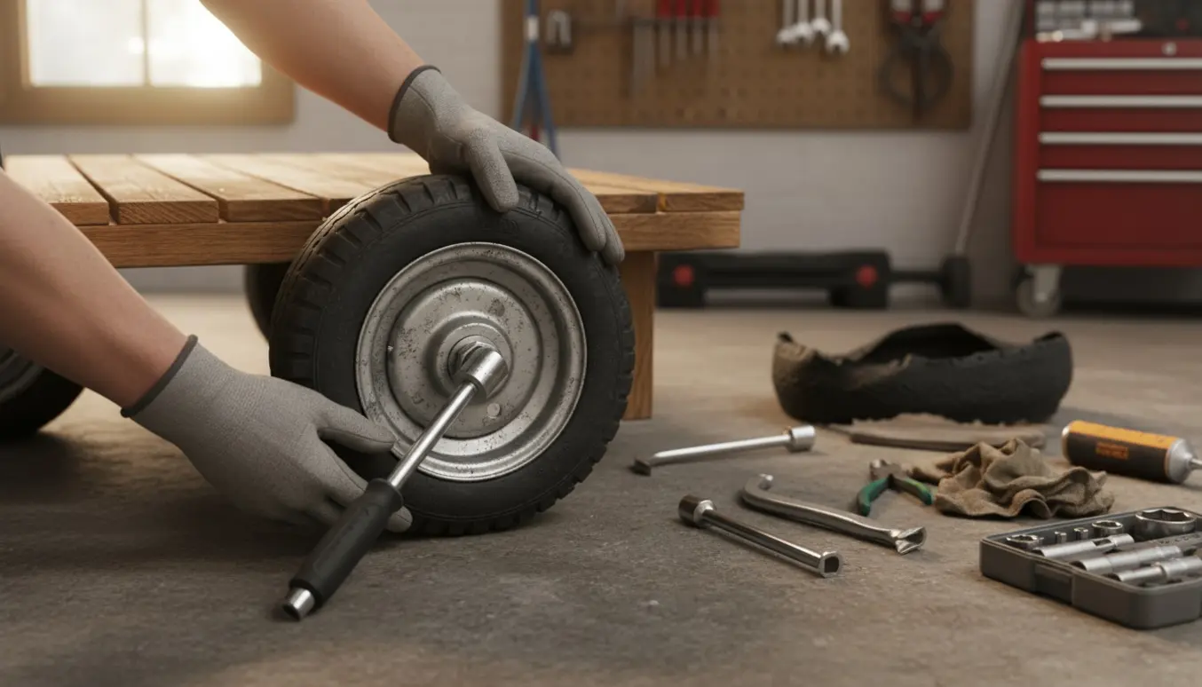Nærbillede af hænder, der udskifter dækket på en trækvogn i et værksted.