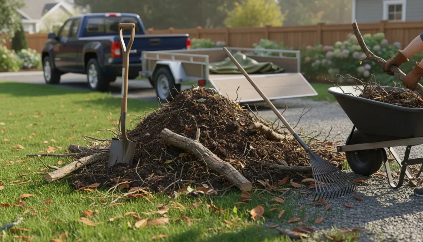 Bunke jord og grene i haven med skovl og handsker og en tom trailer cirka fem meter væk.