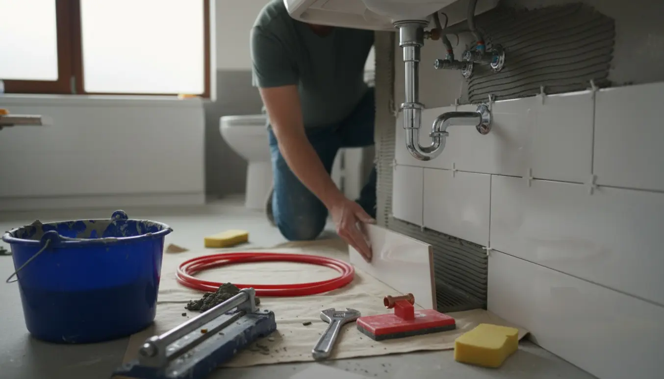 Håndværker monterer keramiske fliser i et badeværelse med synlige VVS-værktøjer.