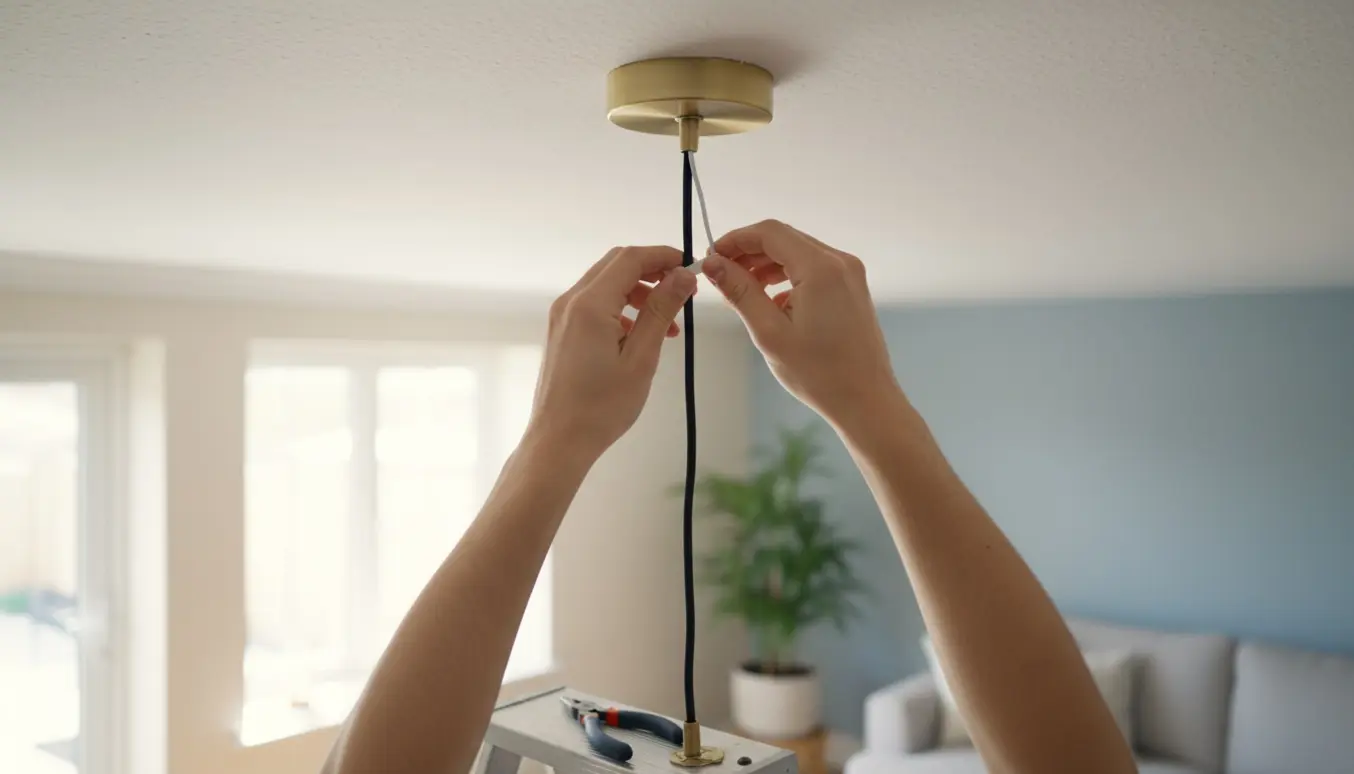 Hænder forbinder en synlig ledning, mens en loftslampe monteres fra en stige i et lyst rum.
