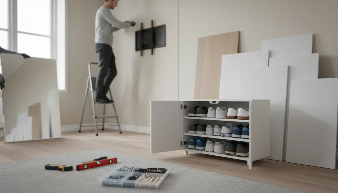 Fladt-pak klædeskab og skoskab under montering, mens et tv og spejl justeres på væggen i et lyst rum.