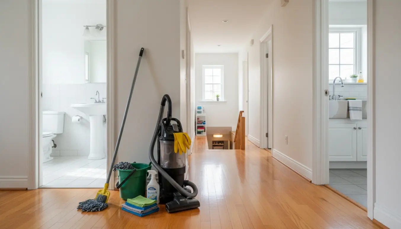 Lyst, nyrengjort hjem med rengøringsudstyr i forgrunden og skinnende gulve.
