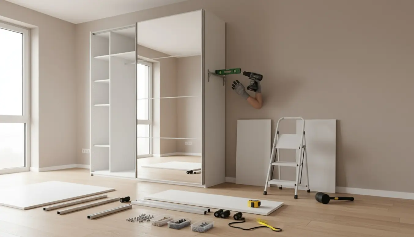 Delvist samlet PAX-klædeskab med spejlskydedør og værktøj klar til vægmontering i en lys lejlighed.