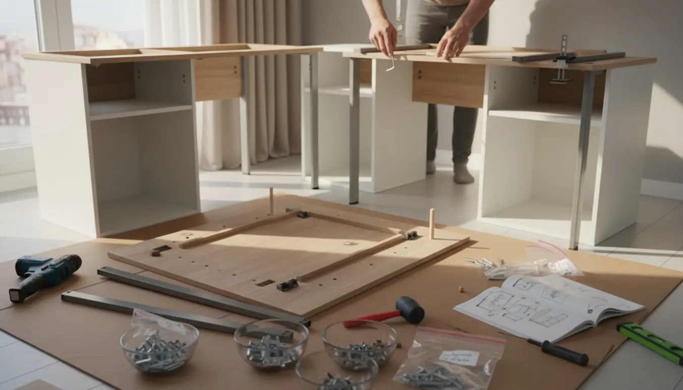 Hænder samler to skriveborde og to skabe i et lyst hjemmekontor med værktøj og åbne møbeldele.