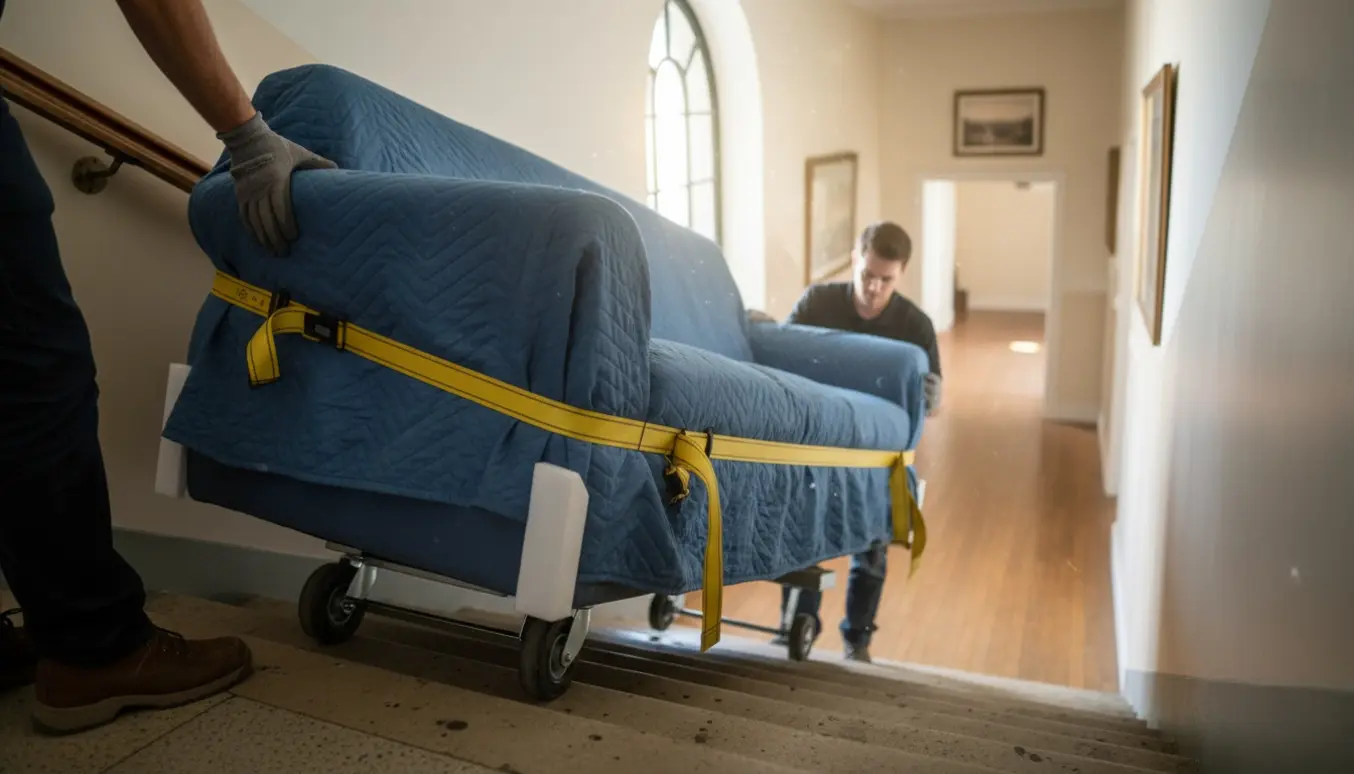 En trepersoners sofa bæres op ad en smal trappe fra kælderen mod 4. sal, pakket i flyttetæpper og stropper.