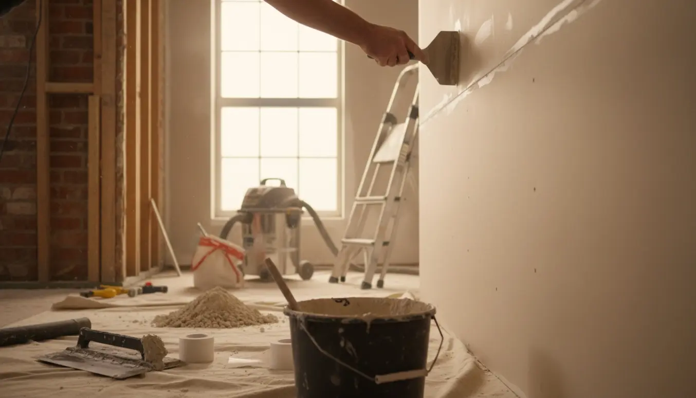 Hænder spartler og sliber nye gipsvægge i en stue under ombygning, med både rå flader og en glat færdigvæg synlig.