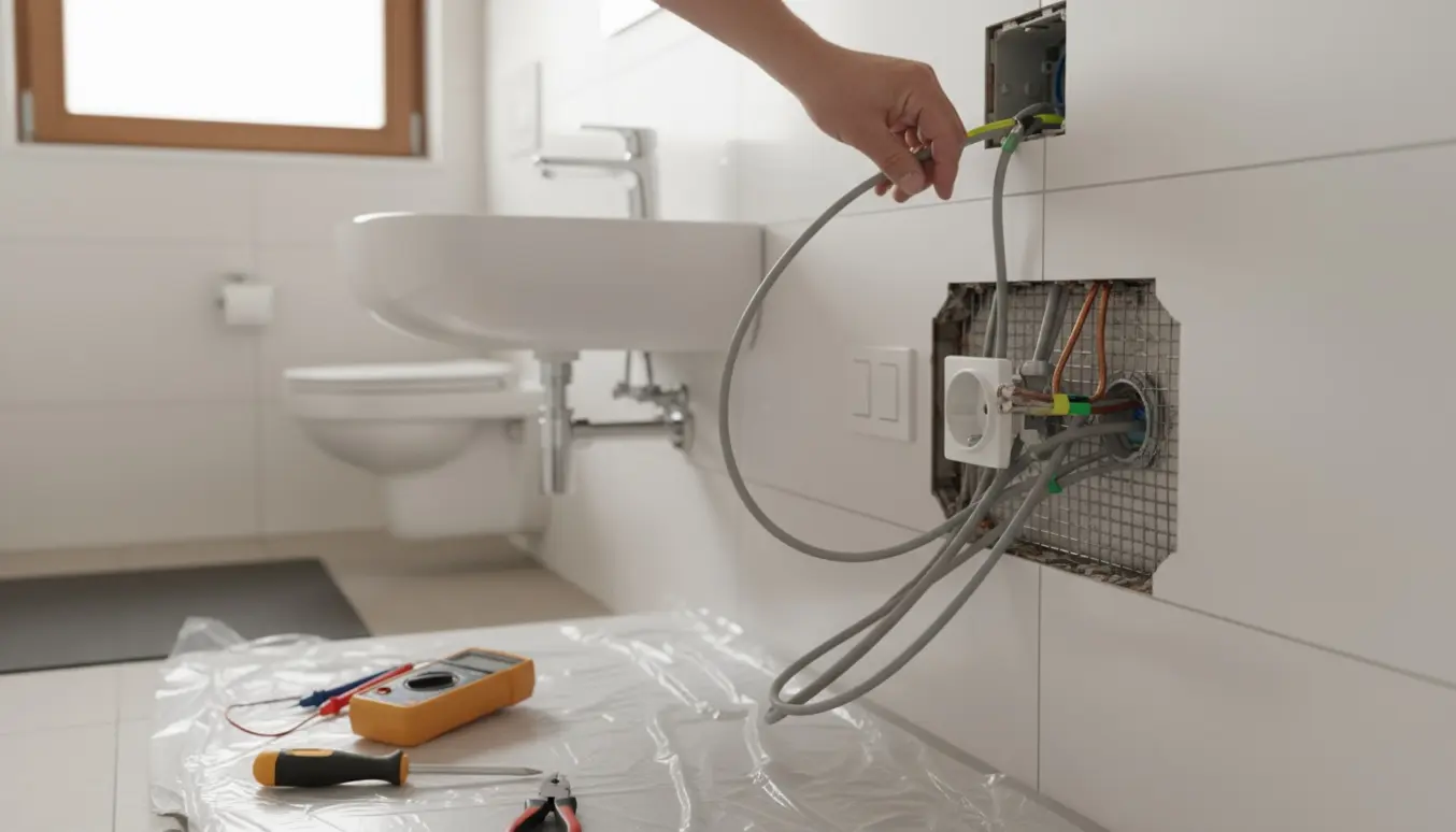 Elektriker arbejder ved vask i et badeværelse med ny stikkontakt, lampeudtag bag spejl og udligning til rionet.