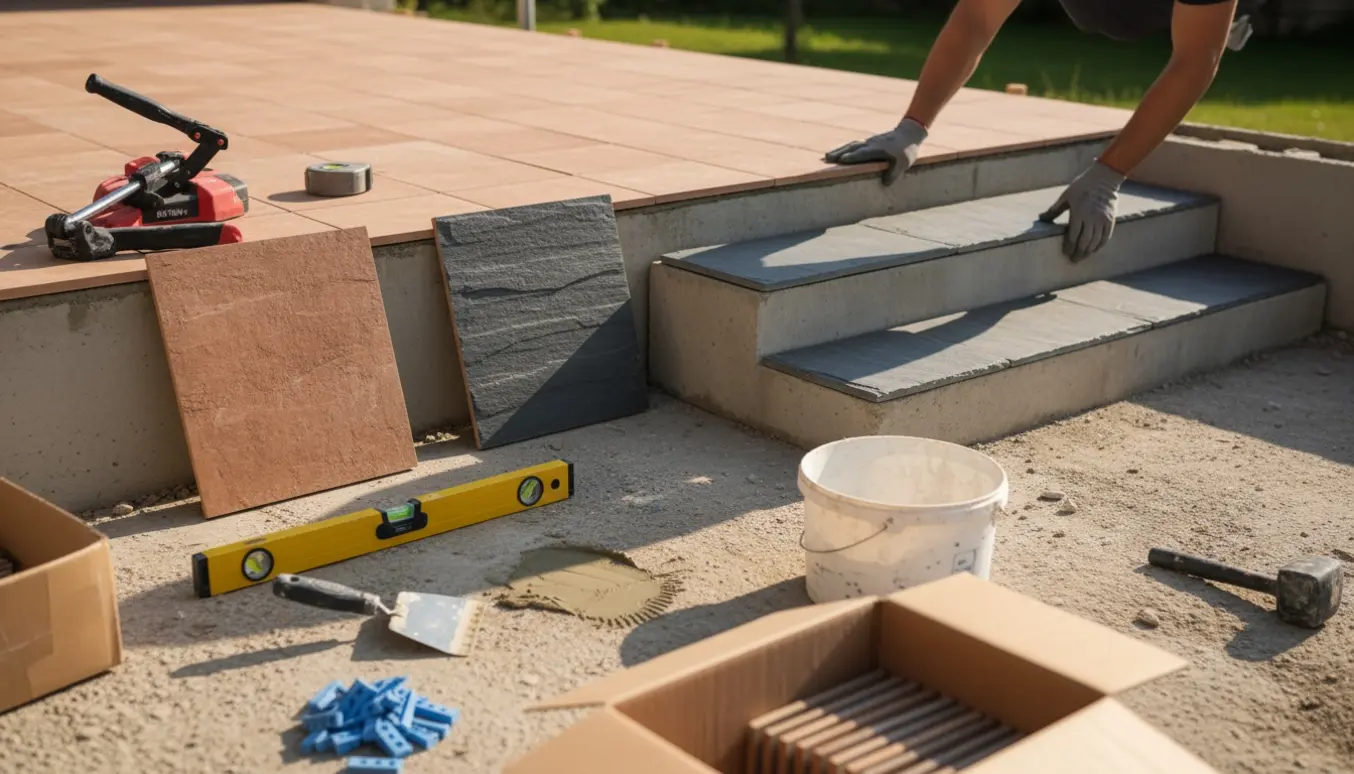 Delvist flisetlagt terrasse og fem-trins betontrappe med værktøj og både teglrøde og grå klinker klar til montering.
