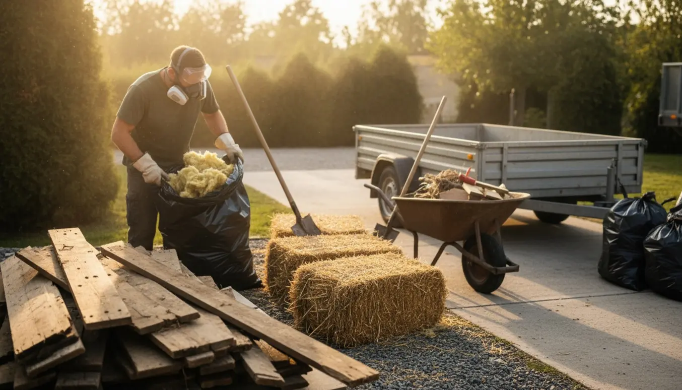 Arbejde i en baghave: træbrædder, mineraluld og halm bliver samlet og klargjort til afhentning.