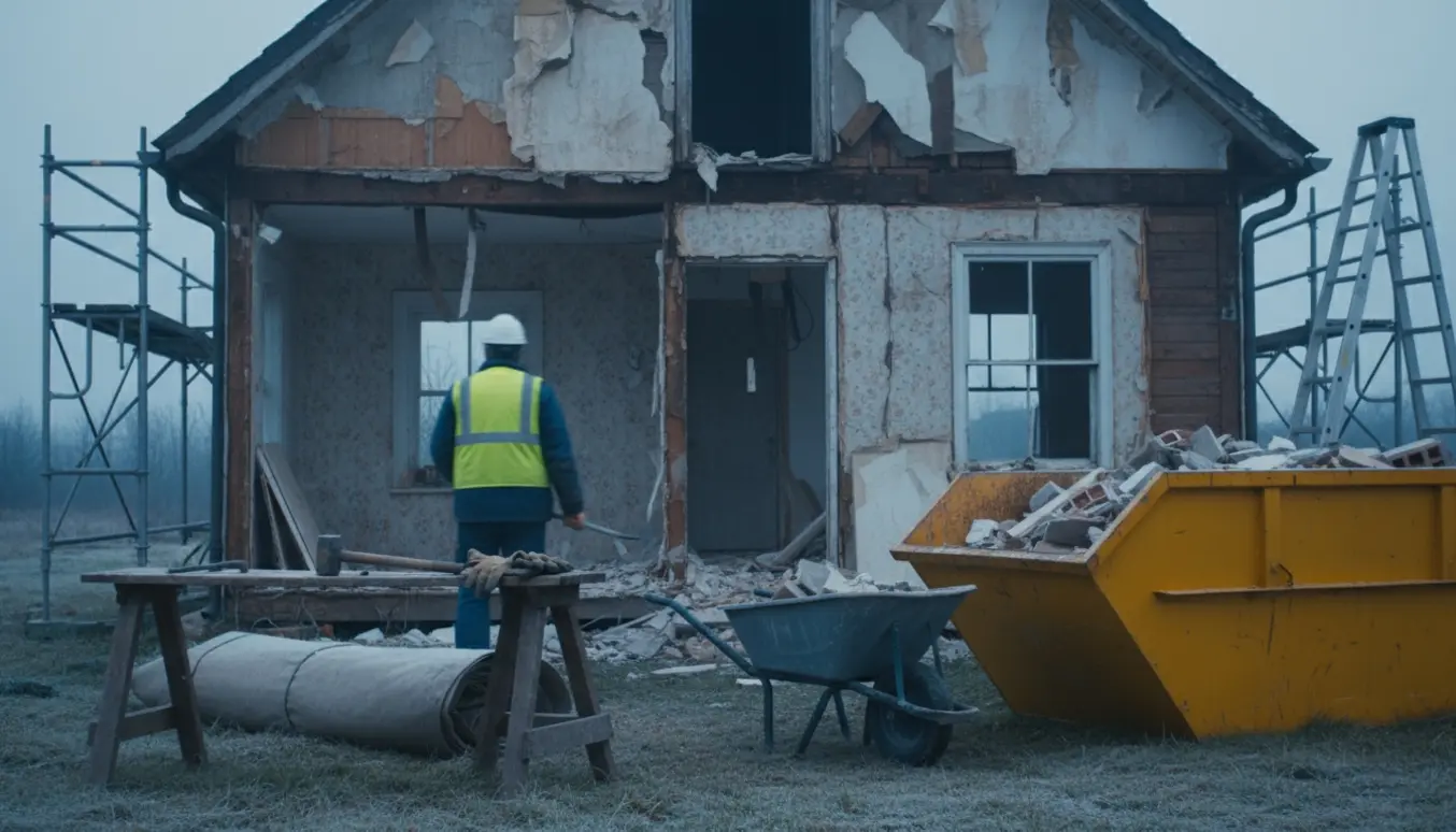 Halvt nedrevet gammelt hus med værktøj og en arbejder set bagfra i køligt morgenlys.