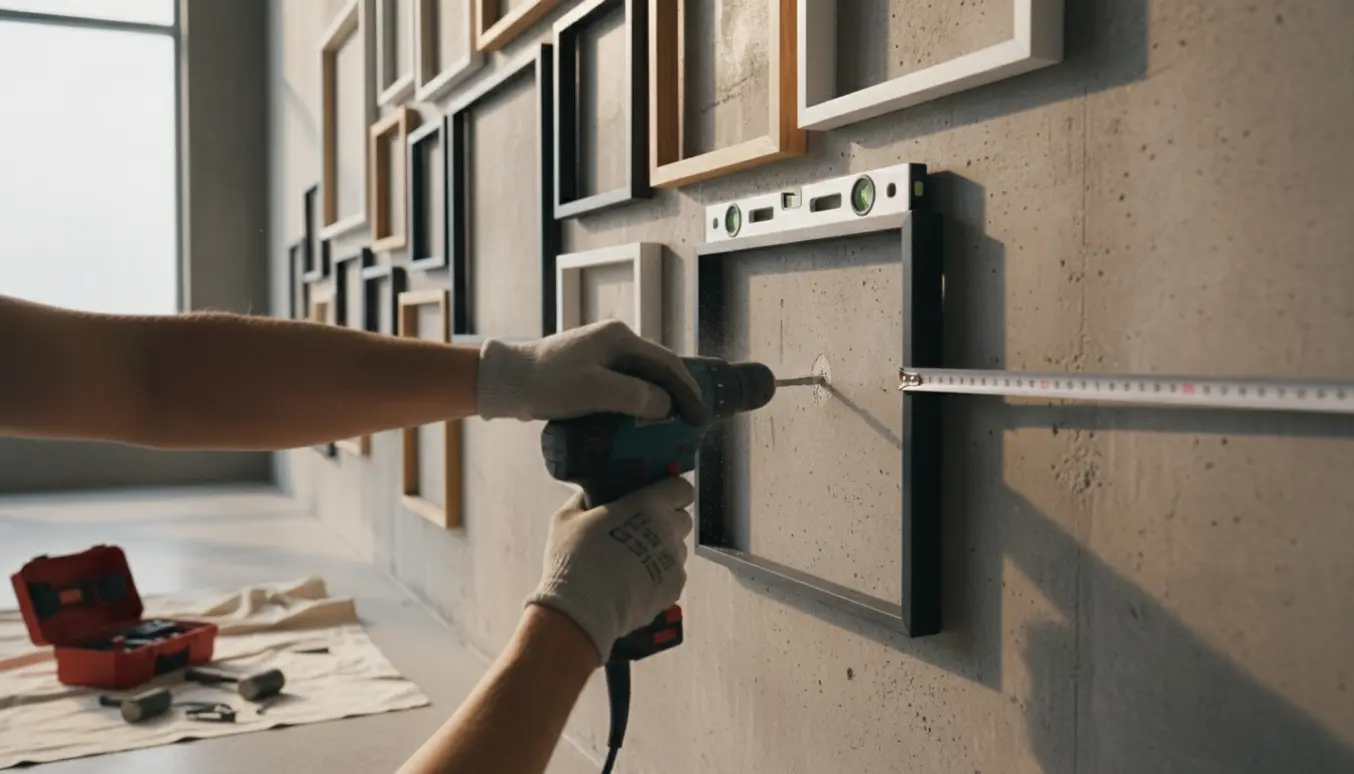 Person hænger malerier op på en rå betonvæg med boreskrue og vaterpas.