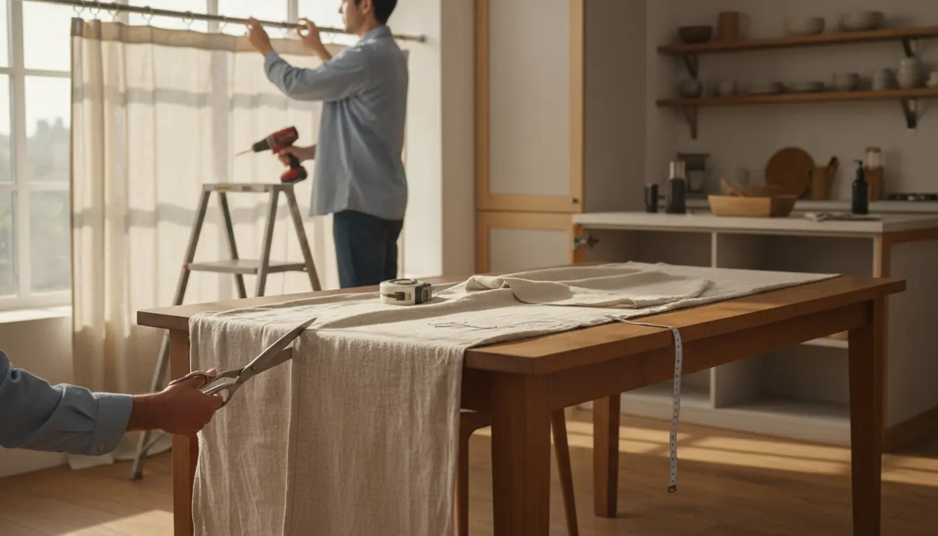 Hænger gardiner ved et vindue, mens en løs køkkenlåge fastgøres med en skruemaskine.