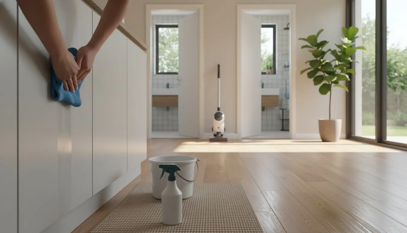 Hænder tørrer en skabslåge af i et lyst, rummeligt hjem med støvsuger og moppet gulv i baggrunden.