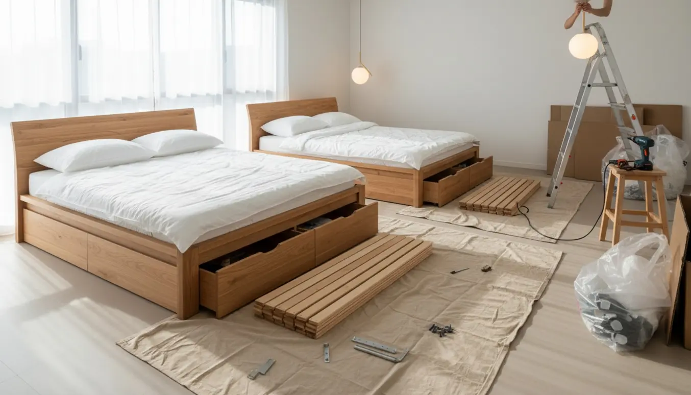 Tre dobbeltsenge med opbevaring i et lyst værelse, hænder monterer en loftslampe og sammenfoldede papkasser står klar til bortskaffelse.