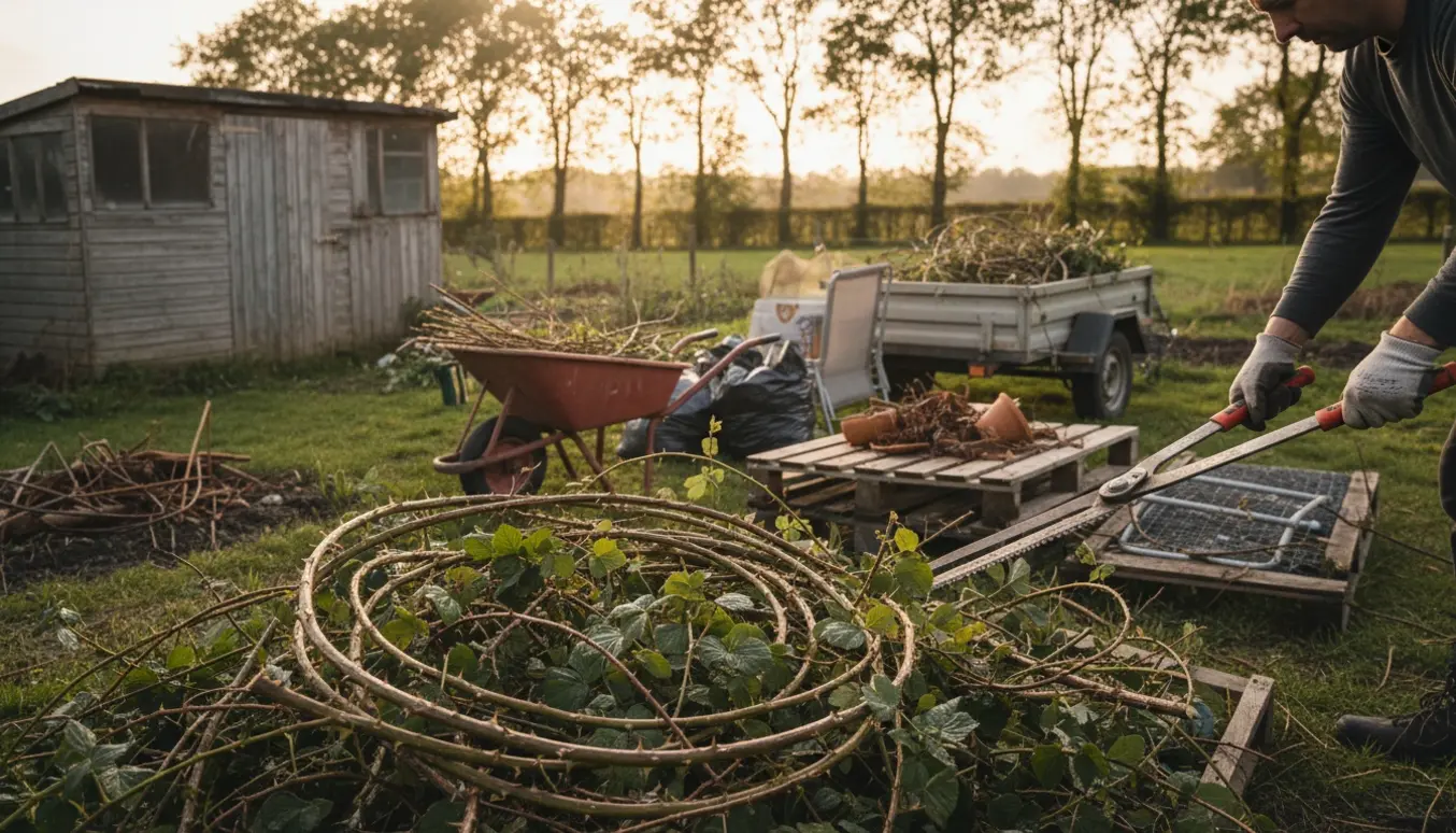 Overgroet kolonihave med skårne brombær, handsker, værktøj, affaldssække og trailer ved rydning.