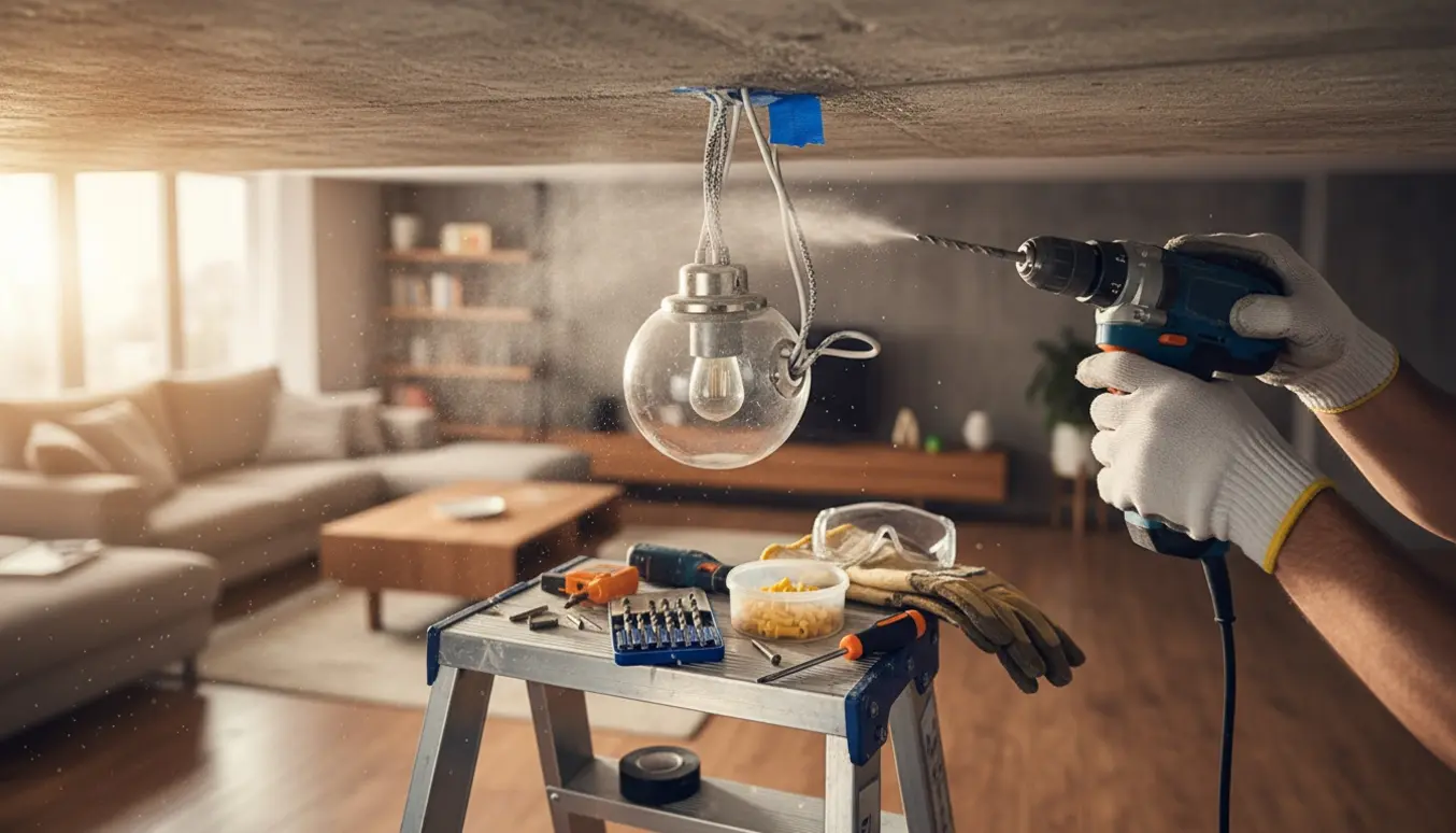 Hænder på en stige borer i et betonloft for at flytte en loftslampe med værktøj samlet i forgrunden.