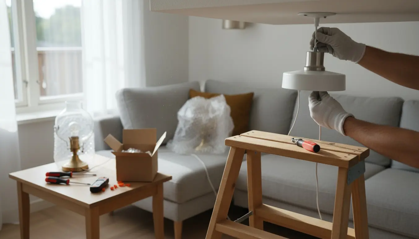 Hænder på en stige monterer en ny loftslampe i en lys stue med værktøj på et bord.