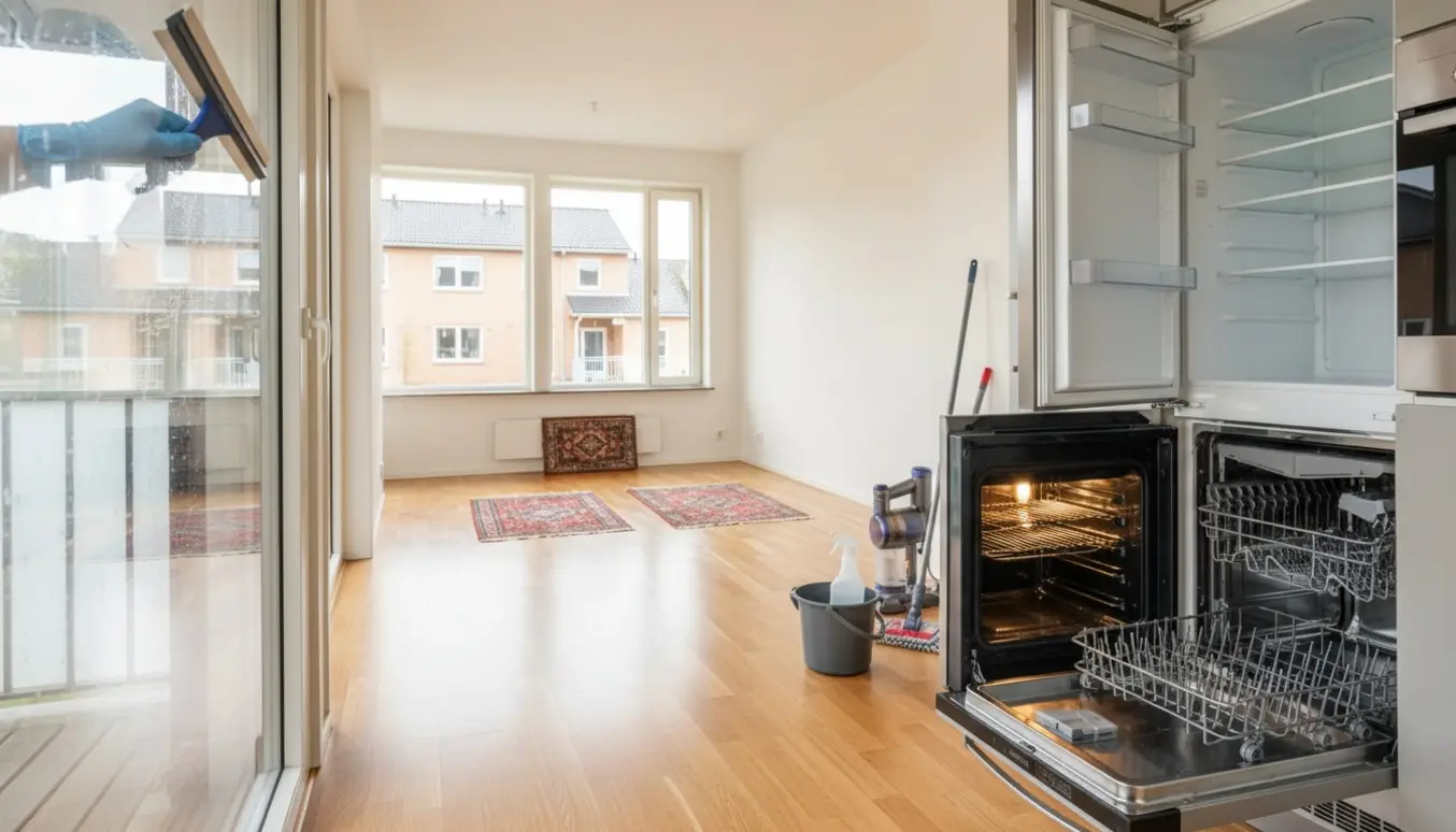 Rækkehusinteriør efter grundig flytterengøring med vinduespudsning, åben ovn og rengjort køleskab.